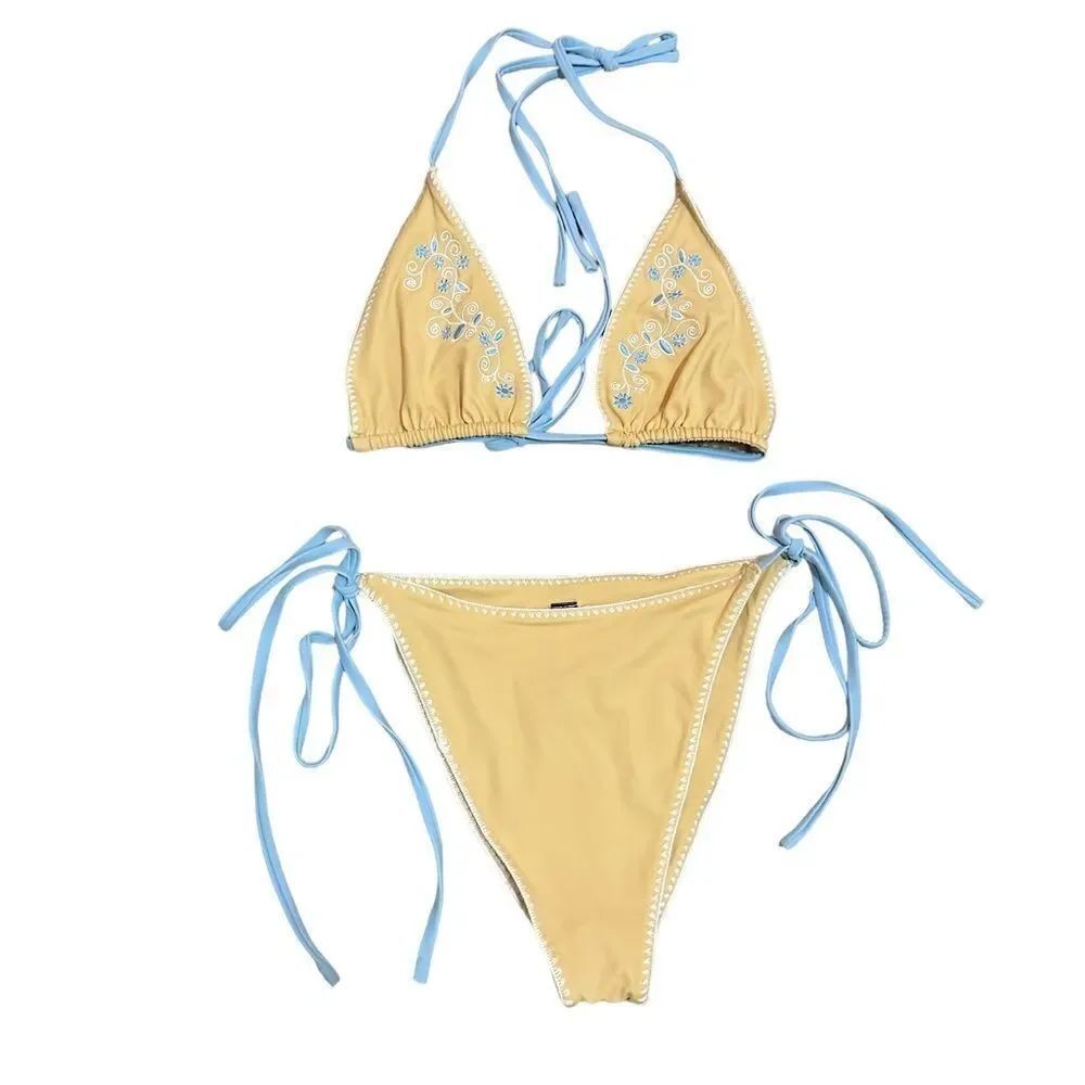 NWT Dollskills Yellow Embroidered Boho Trim Cheeky Bikini
